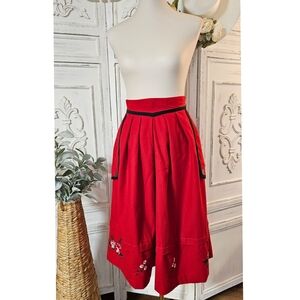 Eger Red Wool Blend Pleated High Waist Embroidery Midi Alpine Folk Skirt